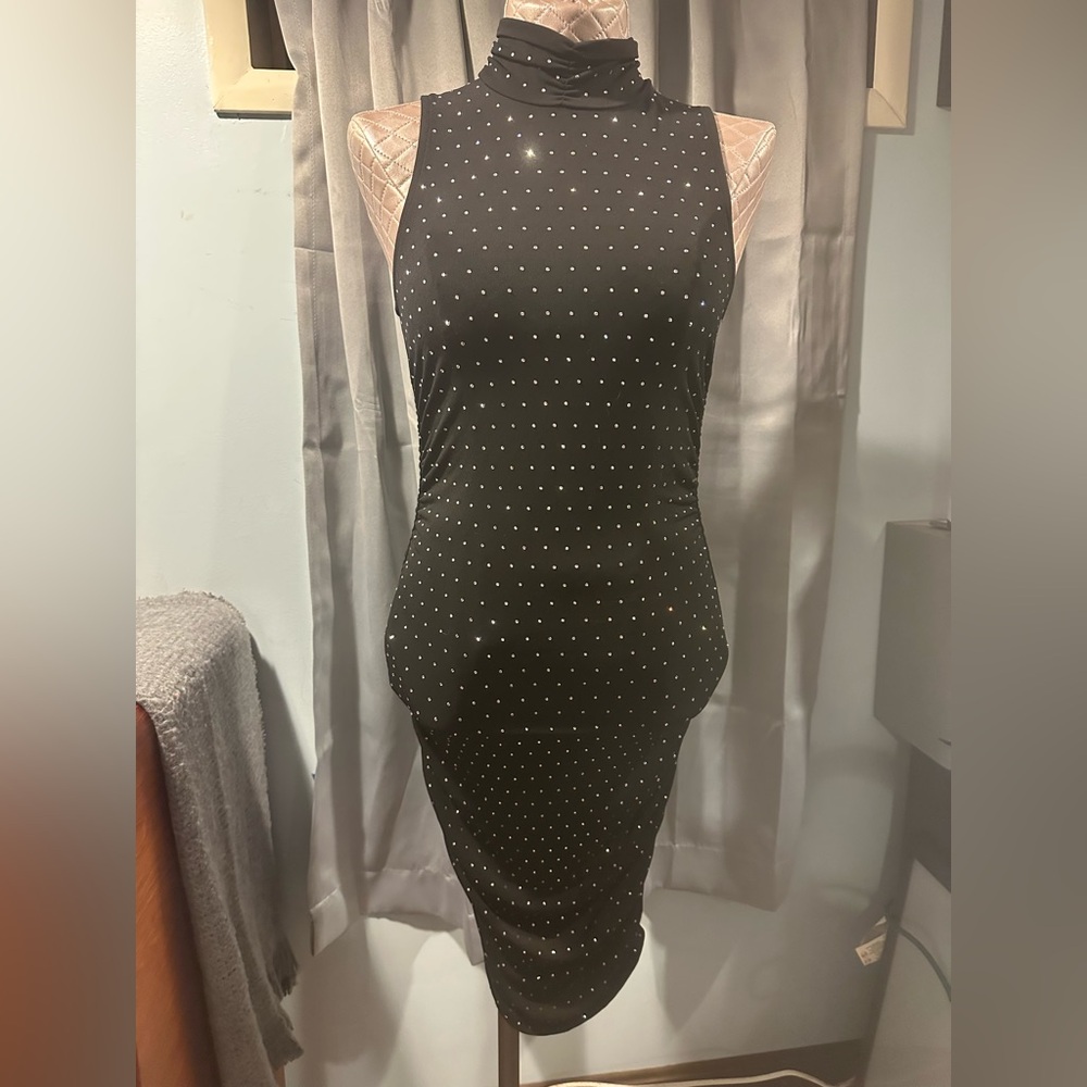 Michael Kors Women's Rhinestone Mock Neck Ruched Black Dress Size P/S NWT